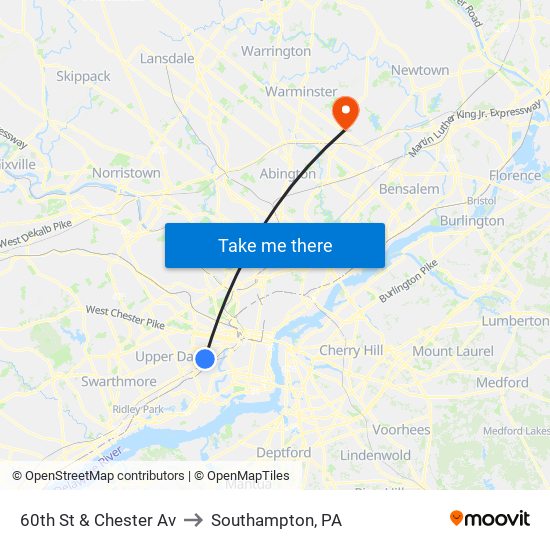 60th St & Chester Av to Southampton, PA map