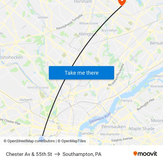 Chester Av & 55th St to Southampton, PA map