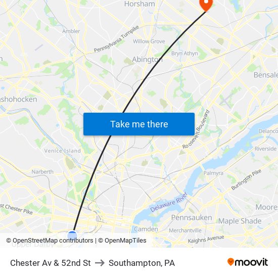 Chester Av & 52nd St to Southampton, PA map