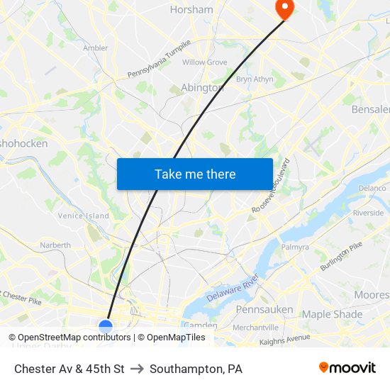 Chester Av & 45th St to Southampton, PA map