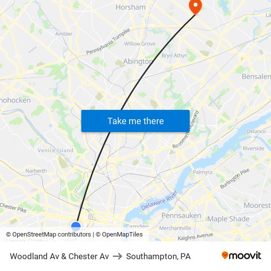 Woodland Av & Chester Av to Southampton, PA map