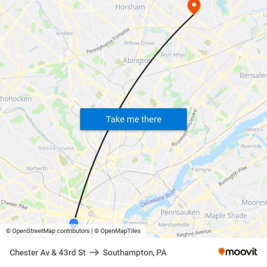 Chester Av & 43rd St to Southampton, PA map