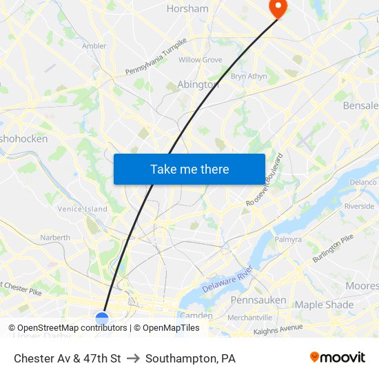Chester Av & 47th St to Southampton, PA map