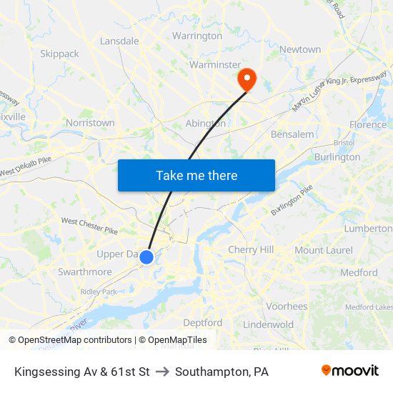 Kingsessing Av & 61st St to Southampton, PA map