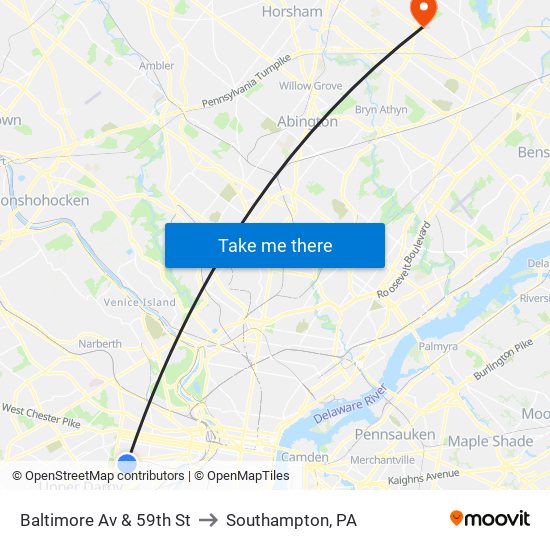 Baltimore Av & 59th St to Southampton, PA map