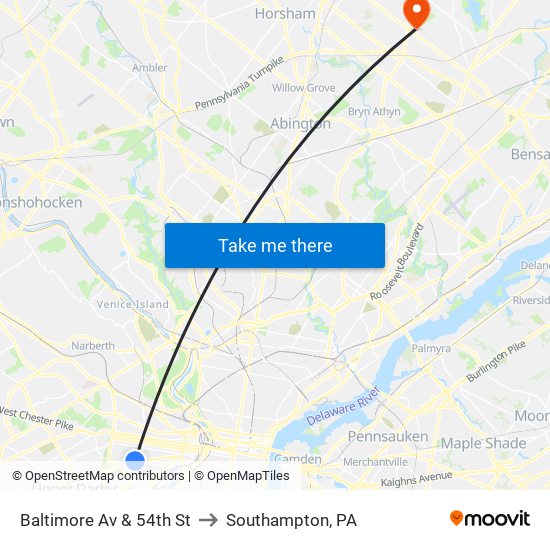 Baltimore Av & 54th St to Southampton, PA map