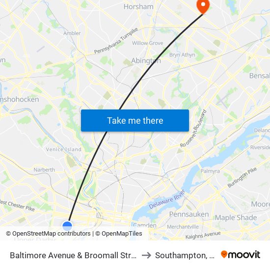 Baltimore Avenue & Broomall Street to Southampton, PA map