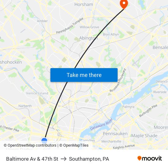 Baltimore Av & 47th St to Southampton, PA map