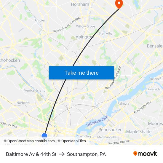 Baltimore Av & 44th St to Southampton, PA map