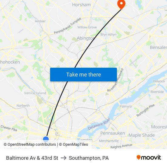 Baltimore Av & 43rd St to Southampton, PA map