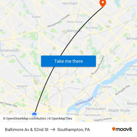 Baltimore Av & 52nd St to Southampton, PA map