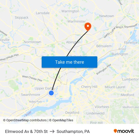 Elmwood Av & 70th St to Southampton, PA map