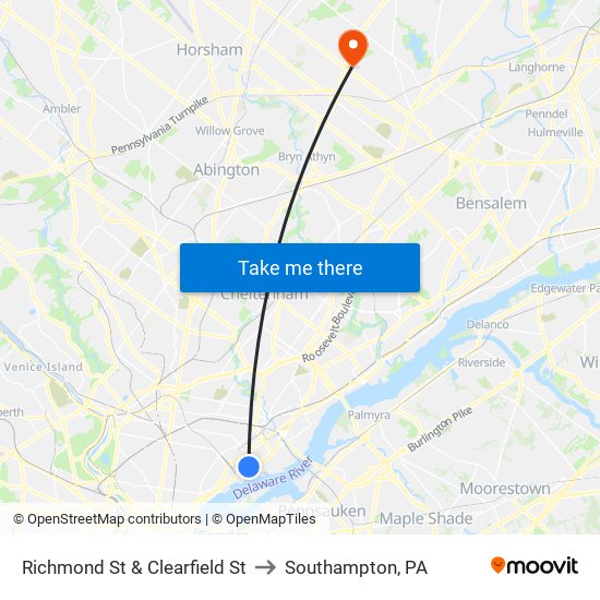 Richmond St & Clearfield St to Southampton, PA map