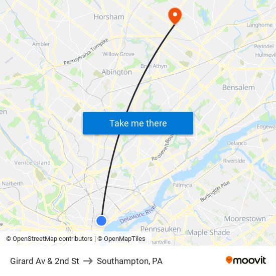 Girard Av & 2nd St to Southampton, PA map