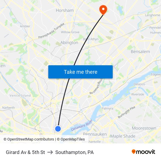 Girard Av & 5th St to Southampton, PA map