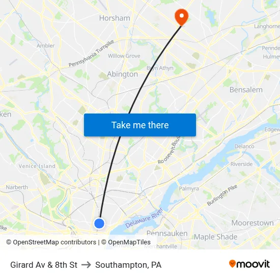 Girard Av & 8th St to Southampton, PA map