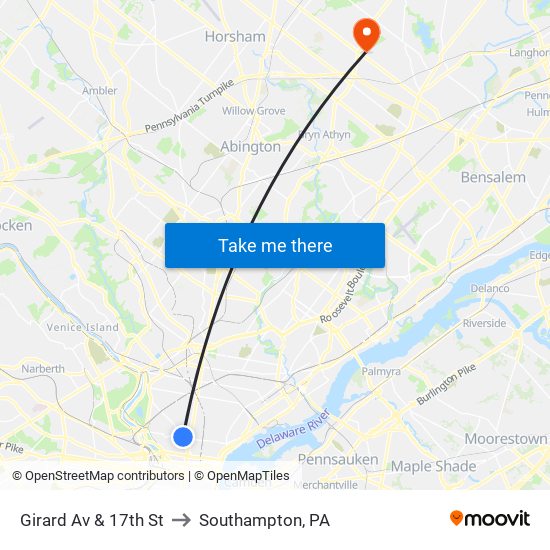 Girard Av & 17th St to Southampton, PA map