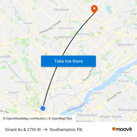 Girard Av & 27th St to Southampton, PA map