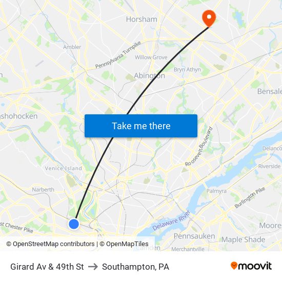 Girard Av & 49th St to Southampton, PA map