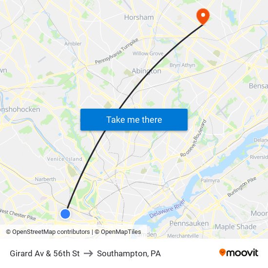 Girard Av & 56th St to Southampton, PA map