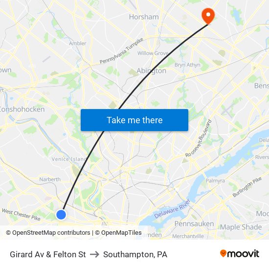 Girard Av & Felton St to Southampton, PA map