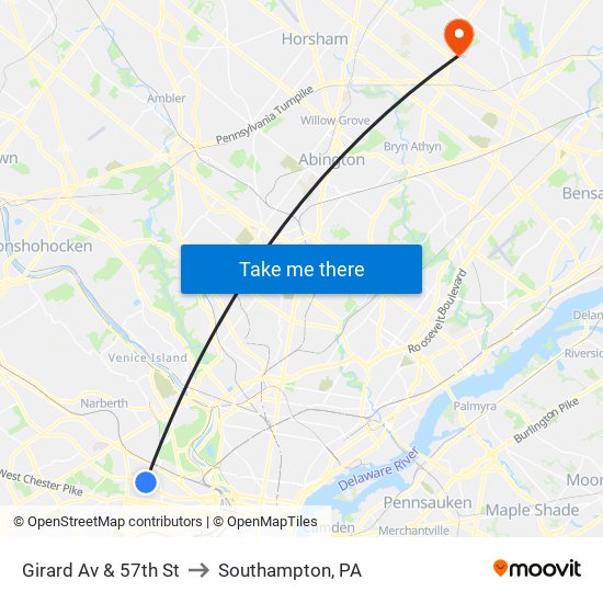 Girard Av & 57th St to Southampton, PA map
