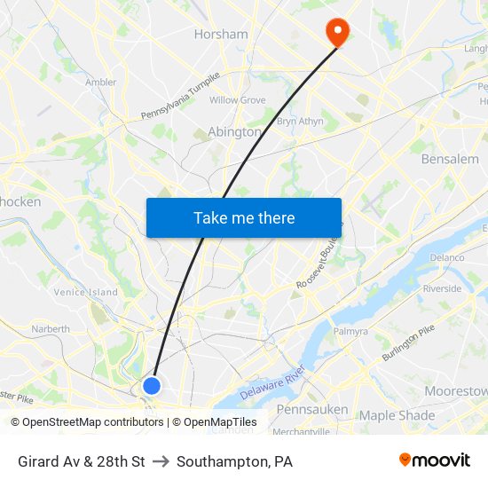 Girard Av & 28th St to Southampton, PA map