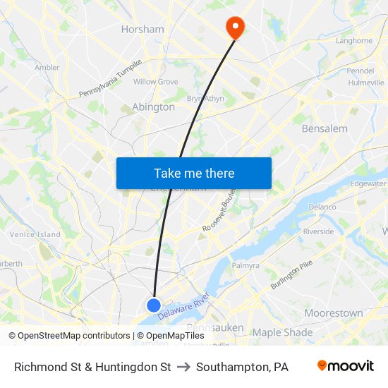 Richmond St & Huntingdon St to Southampton, PA map