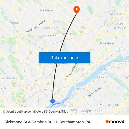 Richmond St & Cambria St to Southampton, PA map