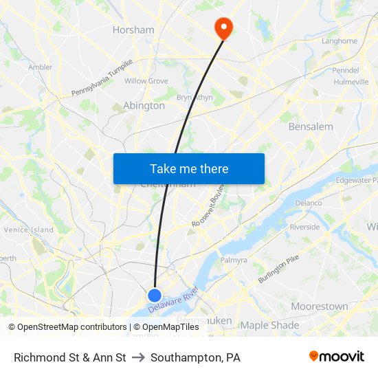 Richmond St & Ann St to Southampton, PA map