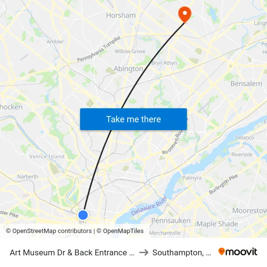 Art Museum Dr & Back Entrance - 2 to Southampton, PA map