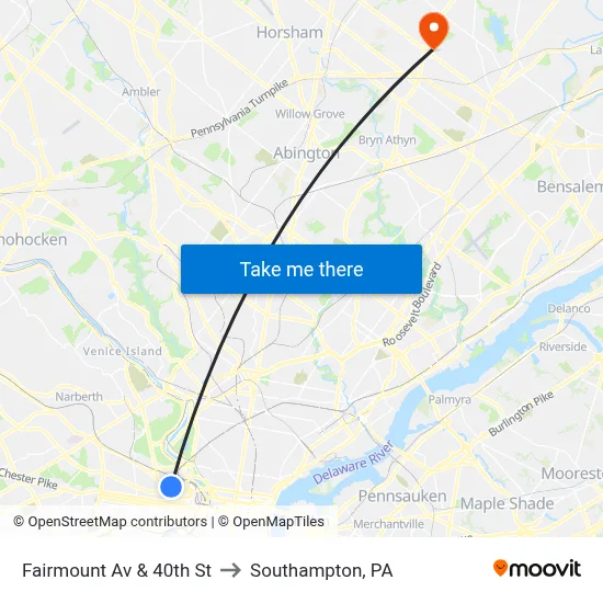 Fairmount Av & 40th St to Southampton, PA map