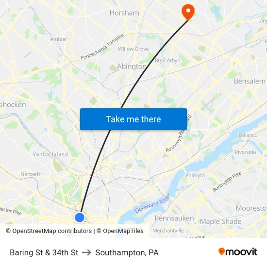 Baring St & 34th St to Southampton, PA map