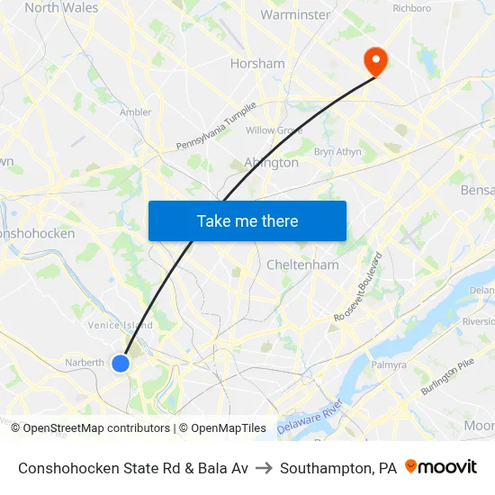 Conshohocken State Rd & Bala Av to Southampton, PA map