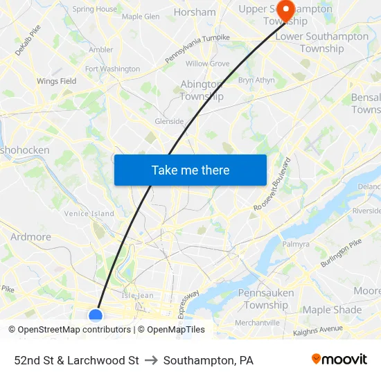 52nd St & Larchwood St to Southampton, PA map