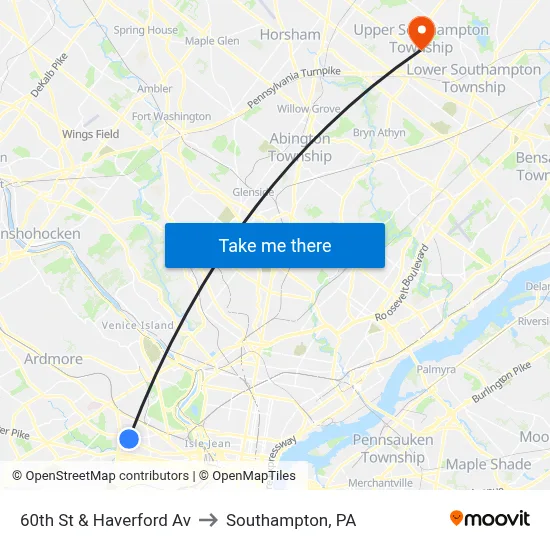 60th St & Haverford Av to Southampton, PA map
