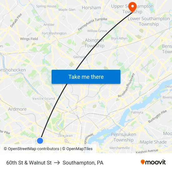 60th St & Walnut St to Southampton, PA map