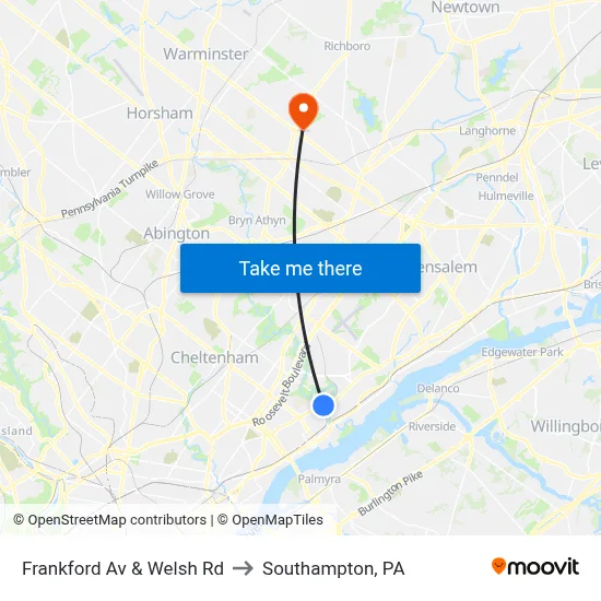Frankford Av & Welsh Rd to Southampton, PA map