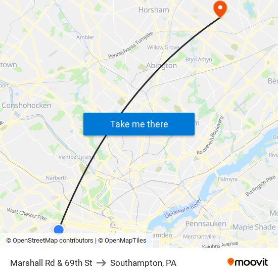 Marshall Rd & 69th St to Southampton, PA map
