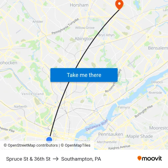 Spruce St & 36th St to Southampton, PA map