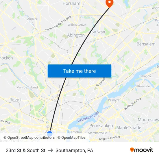 23rd St & South St to Southampton, PA map