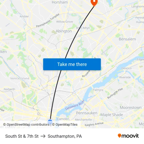 South St & 7th St to Southampton, PA map