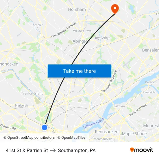 41st St & Parrish St to Southampton, PA map