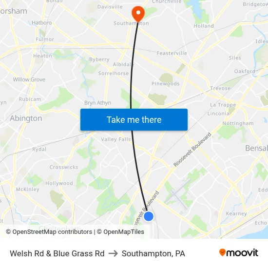 Welsh Rd & Blue Grass Rd to Southampton, PA map