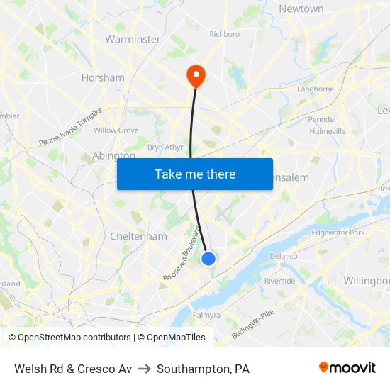 Welsh Rd & Cresco Av to Southampton, PA map