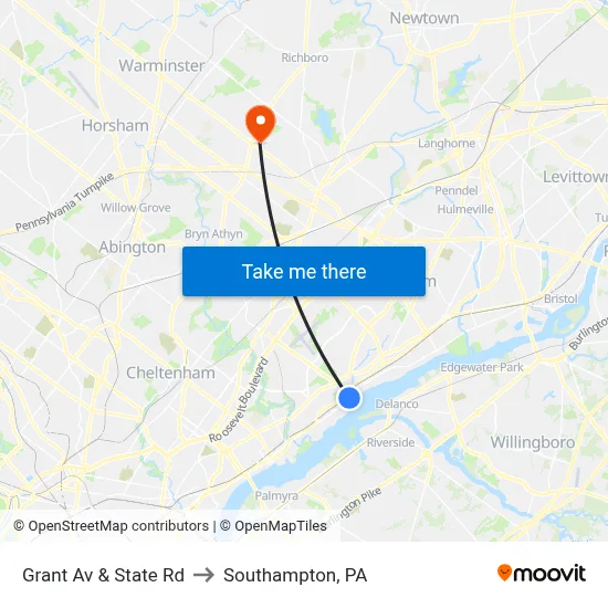 Grant Av & State Rd to Southampton, PA map