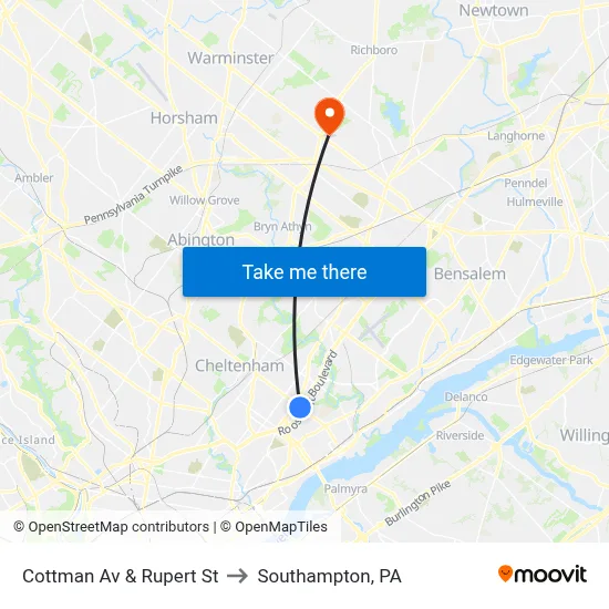 Cottman Av & Rupert St to Southampton, PA map