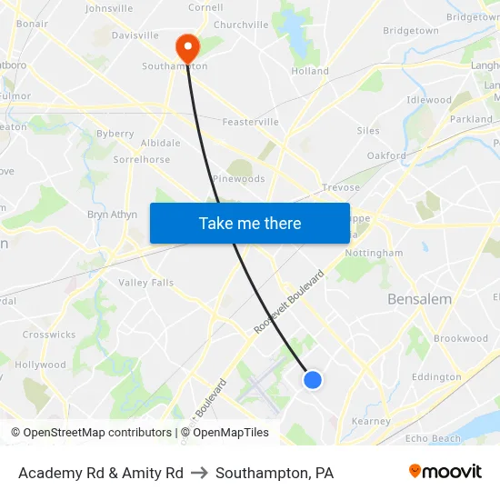Academy Rd & Amity Rd to Southampton, PA map