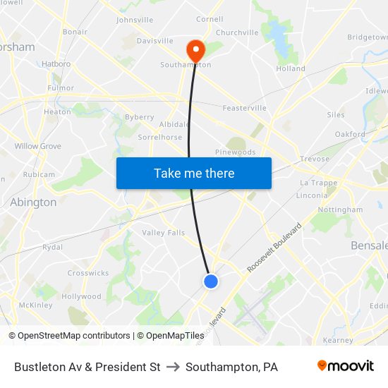 Bustleton Av & President St to Southampton, PA map