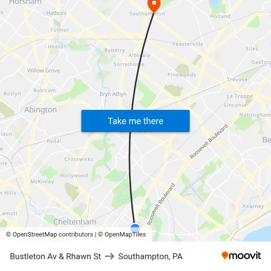 Bustleton Av & Rhawn St to Southampton, PA map